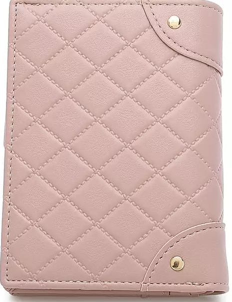 Quilted pink wallet with gold accents on a white background