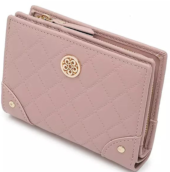 Pink wallet with a gold logo on a white background